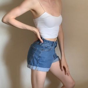 High Waisted Medium Wash Cuffed Denim Shorts